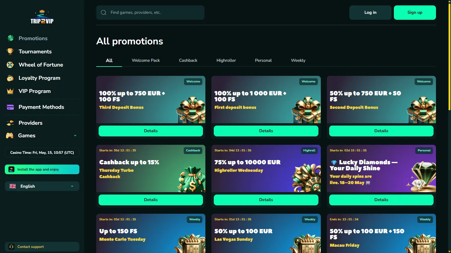 Trip2vip Casino ongoing promotions on desktop
