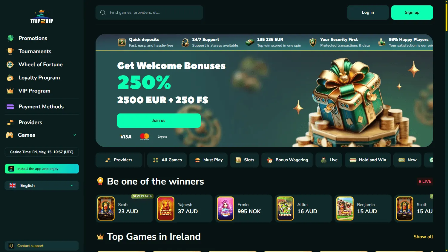 Trip2vip Casino promotions on desktop