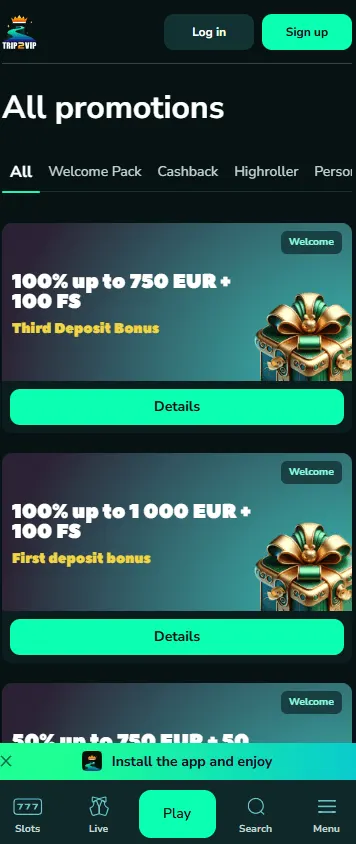 Trip2vip Casino promotional offers on a mobile device